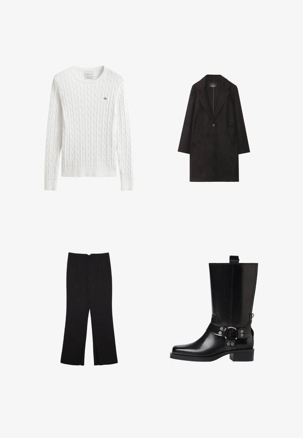 Černý vlněný kabát s klopovým límcem, zapínáním na jeden knoflík a dvěma předními kapsami. Rovný střih s dlouhými rukávy.; Bílý svetr s copánkovým vzorem, kulatým výstřihem, žebrovanými manžetami a lemem, s malým vyšívaným logem na levé straně hrudi.; Černé kalhoty s rovným střihem, s předními kapsami a bočními rozparky na lemu. Vyrobené z jemné, hladké tkaniny. Vhodné na různé příležitosti.; Černá kožená vysoká bunda s špičatou špičkou, stříbrnými sponami a robustní podešví. Obsahuje poutko pro snadné obutí.