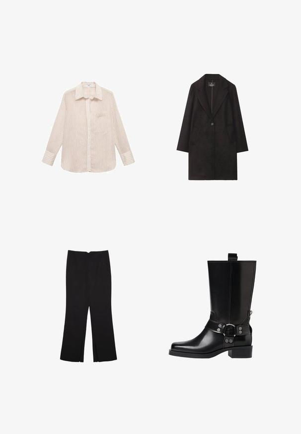 Manteau en laine noire avec un col notch, fermeture à un bouton et deux poches avant. Silhouette droite avec des manches longues.; Chemise à rayures à manches longues couleur crème avec de fines lignes rouges, devant à boutons, col pointu et poche poitrine unique. Texture de tissu douce.; Pantalon noir avec une coupe droite, doté de poches avant et d'éclairs sur l'ourlet. Fabriqué en tissu doux et lisse. Convient à diverses occasions.; Botte noire en cuir, montante jusqu'au genou, avec un bout pointu, des accents en boucle en argent et un talon épais. Présente une languette pour un enfilage facile.