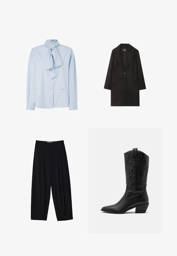 Czarny wełniany płaszcz z wykładanym kołnierzem, zapięciem na pojedynczy guzik i dwoma przednimi kieszeniami. Prosta sylwetka z długimi rękawami.; Jasnoniebieska bluzka w paski z kołnierzykiem na kokardę, długimi rękawami, z zapięciem na guziki oraz delikatnym logo w prawym dolnym rogu.; Czarne szerokie spodnie wykonane z lekkiego materiału, z plisami z przodu, klasycznym paskiem w talii i kieszeniami bocznymi. Gładka tekstura.; Czarne skórzane kowbojki z szpiczastym noskiem, z embosowanymi spiralnymi wzorami i średnim obcasem. Posiadają pętelkę do łatwego zakładania.