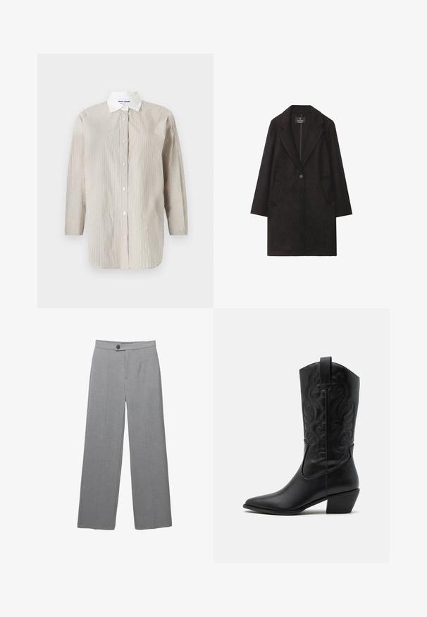 Black wool coat featuring a notched collar, single button closure, and two front pockets. Straight silhouette with long sleeves.; Striped long-sleeve shirt made of lightweight fabric, featuring a white collar and button-front closure, with vertical beige and gray stripes.; Gray tailored trousers with a wide leg, flat front, and subtle texture. Features a single button closure and clean lines.; Black leather cowboy boot with pointed toe, embossed swirling patterns, and a mid-height heel. Features a pull tab for easy wear.