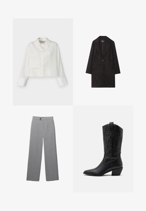 Sort uldfrakke med slået krave, enkelt knaplukning og to frontlommer. Lige silhuet med lange ærmer.; Afskåret hvid linnedskjorte med spidse krave, brystlomme og knaplukninger. Lange ærmer med kontrasterende manchetdetaljer.; Grå skræddersyede bukser med bred ben, flad front og subtil tekstur. Har en enkelt knaplukning og rene linjer.; Sorte læder cowboystøvler med spids tå, præget svungen mønster og en mid-højde hæl. Har en trækflap for nemt at tage på.