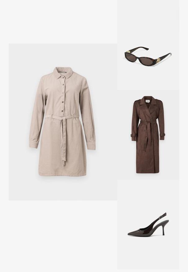 ONLY ONLINA brązowy; Beżowa sukienka koszulowa z długim rękawem, wykonana z miękkiego materiału, z zapięciem na guziki z przodu, paskiem w talii oraz kołnierzykiem.; Sandały na obcasie typu slingback z błyszczącej ciemno-brązowej lakierowanej skóry, w szpic, z otwartymi bokami i regulowanym paskiem wokół kostki.; Słoneczne okulary w kolorze żółwi z wydłużonymi owalnymi soczewkami, brązowym odcieniem, złotymi akcentami logo na zausznikach oraz smukłymi czarnymi ramionami.; Bordowa torebka o zaokrąglonym kształcie z krótkim paskiem, z złotym zamkiem błyskawicznym i subtelnym logo Calvin Klein z przodu.