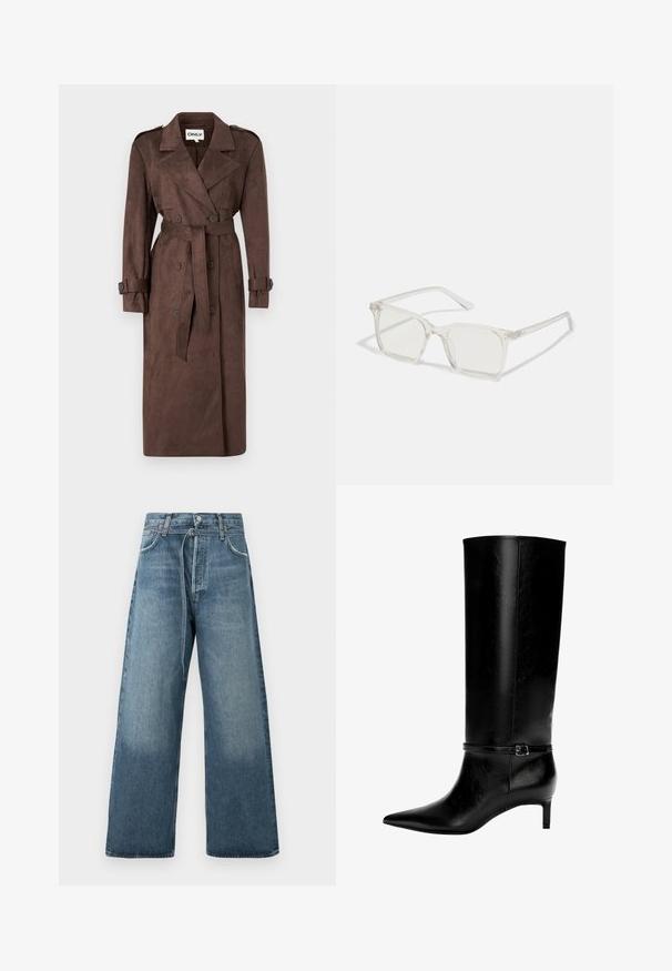 ONLY ONLINA LONG - Trenssi - chocolate brown; Valkoinen pitkähihainen paita, jossa on venepääntie. Valmistettu pehmeästä materiaalista, jossa on leveät hihat ja suora helma, mikä tarjoaa yksinkertaisen ja monikäyttöisen muotoilun.; Housut leveillä lahkeilla, siniset farkut haalistuneessa pesussa, valmistettu denimistä, jossa näkyvät ompelutaito ja nappikiinnitys vyötäröllä.; Mustat nahkasaappaat polven yli, joissa on terävä kärki ja pieni korko. Niissä on kapea hihna metallisoljella nilkan ympärillä. Suora pinta.; Selkeä muovinen neliönmuotoinen kehyslasit, joissa on läpinäkyvät linssit ja kultaset mäntäraudat lisäämään yksityiskohtia.; Ruskea turkiskaulus, joka on puettu vaaleancremevärisen neuleen päällä. Kauluksessa on pehmeä rakenne ja paksu, tilava muotoilu, joka laskeutuu kauniisti.