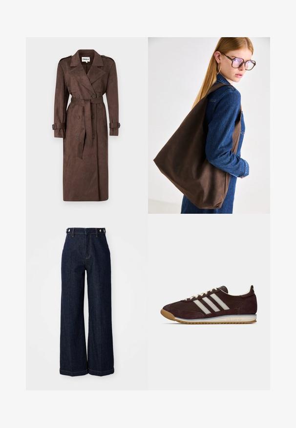 ONLY ONLINA LONG - Trenčkot - chocolate brown; Rjava dolg rokav s krožnim izrezom, ki ima velike bele pikice in zgrinjeno podrobnost pri pasu za oprijet videz.; Temno modri široki jeans iz denima, z visokim pasom, petimi žepi in kontrastnim oranžnim šivanjem.; Nizkoprofilni temno burgundski Adidas superge z belimi črtami, kremnimi vezalkami in gumijastim podplatom, stranski pogled na enobarvni ozadju.; Rjava usnjena torba z mehkimi teksturami, ki ima prostorno zasnovo in enojno naramnico. Oblečena z modrim jeans jopičem.