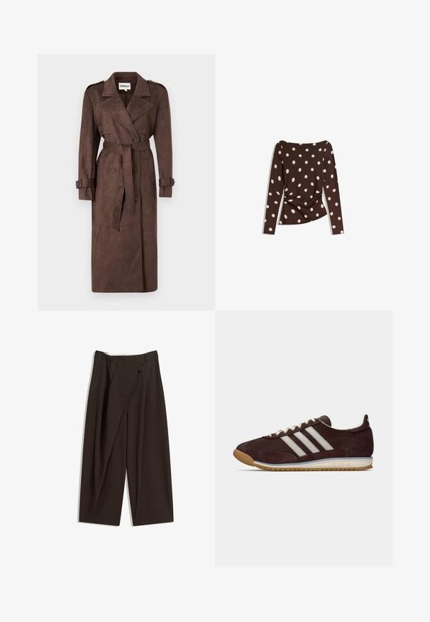 ONLY ONLINA LONG - Trenchcoat - chocolate brown; Bruine top met lange mouwen en een ronde halslijn, voorzien van grote witte stippen en een gesmokt detail bij de taille voor een aangesloten look.; Donkere bruin wijde broek met een hoge taille, voorzien van een enkele knoopsluiting en een geplooide voorkant. Gemaakt van lichtgewicht stof.; Lage, donkere bordeauxrode Adidas sneaker met witte strepen, roomkleurige veters en een gumrubberen zool, zijaanzicht op een effen achtergrond.