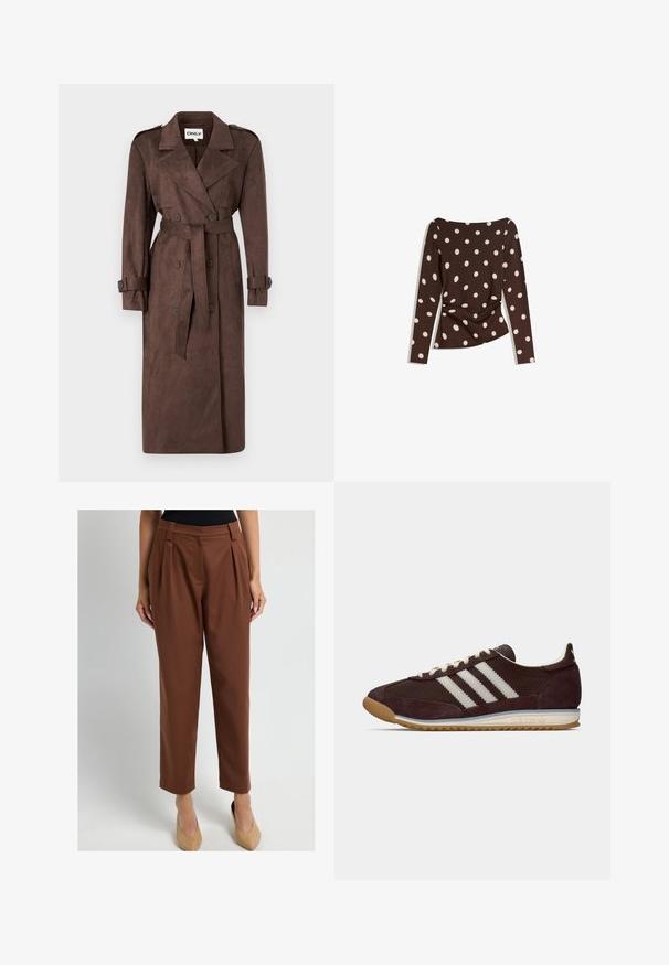 ONLY ONLINA LONG - Trenchcoat - chocolate brown; Braunes Langarmoberteil mit tiefem Rundhalsausschnitt, das große weiße Punkte aufweist und eine Raffung an der Taille für eine figurbetonte Passform hat.; Frau, die hoch taillierte, braune, schmal zulaufende Hose mit Falten trägt, kombiniert mit beige-farbenen spitzen Absätzen, vor einem schlichten, hellen Hintergrund stehend.; Niedrig profilierter dunkelburgunderfarbener Adidas Sneaker mit weißen Streifen, cremfarbenen Schnürsenkeln und Gummisohle, seitliche Ansicht vor einfarbigem Hintergrund.