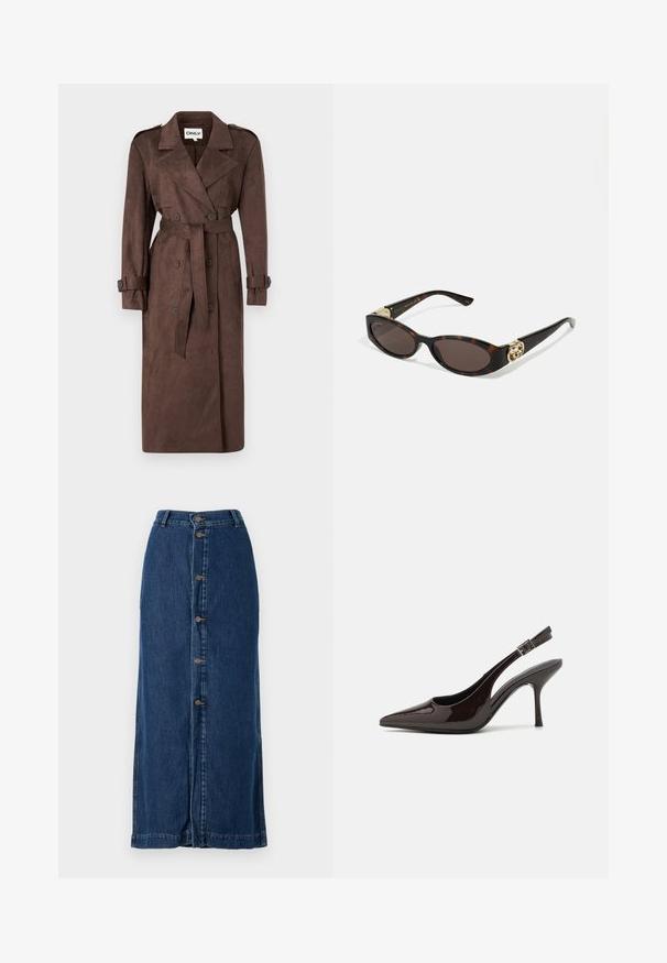 ONLY ONLINA LONG - Ballonkabát - chocolate brown; Fekete, hosszú ujjas póló, pamut keverékből készült, kerek nyakú és fitted dizájnnal rendelkezik, látható minták vagy grafikák nélkül.; Sötétkék farmer maxi szoknya, elöl gombos záródással és oldalsó hasítékokkal, egyenes sziluettel és varrott szegéllyel.; Fényes sötétbarna lakkbőr magas sarkú slingback cipő, hegyes orral, nyitott oldalakkal és állítható bokapánttal.; Tortából készült napszemüveg, hosszúkás ovális lencsékkel, barna színű árnyalattal, arany logóval a fülkagylón, és karcsú fekete szárakkal.; Bordó kézi táska ívelt sziluettel és rövid pánttal, arany cipzárral és egy diszkrét Calvin Klein logóval az elején.