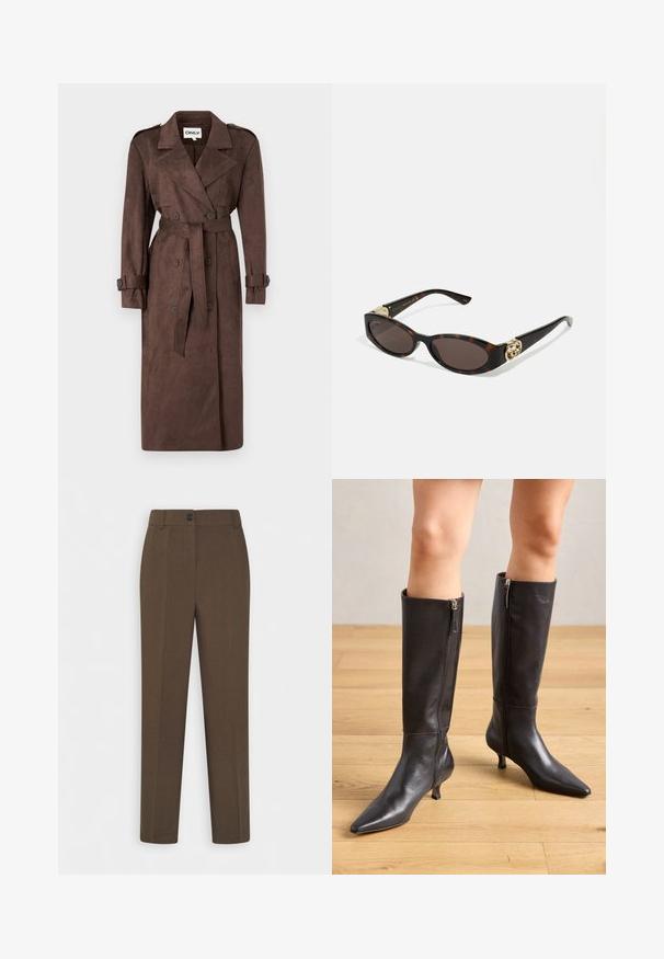ONLY ONLINA LONG - Trenchcoat - chocolate brown; Svart langermet skjorte laget av en bomullsblanding, med rund hals og tettsittende design uten synlige mønstre eller grafikk.; Rette brune bukser med beltehemper og en enkelt frontknapp, vist på en hvit bakgrunn.; Sorte skinnstøvler til kneet med spiss tå og slank hæl. Har glidelåser på siden for enkel påkledning. Glatt tekstur og strømlinjeformet design.; Skilpadde-solbriller med avlange ovale linser, brun tint, gull-logo aksenter på stengene og elegante svarte armer.; Bordeaux håndveske med en buet silhuett og en kort stropp, med en gullglidelås og en subtil Calvin Klein-logo på forsiden.
