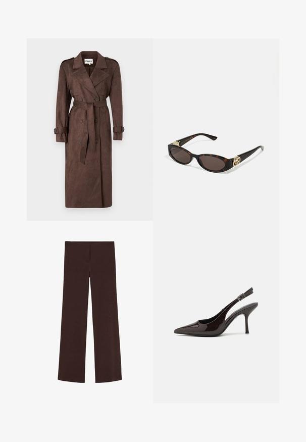 ONLY ONLINA LONG - Trenchcoat - chocolate brown; Zwarte langemouwshirt van een katoenmix, met een ronde halslijn en een slim fit ontwerp zonder zichtbare patronen of grafische elementen.; Bruine wijde broekspijpen gemaakt van een rekbare stof. Heeft een gladde structuur en een eenvoudig, schoon ontwerp zonder extra versieringen.; Slingback hoge hak schoen in glanzend donkerbruin patentleer, puntige neus, open zijkanten en verstelbare enkelband.; Schildpadbril met langwerpige ovale lenzen, bruine tint, gouden logo-accenten op de pootjes en slanke zwarte armen.; Bordeaux handtas met een gebogen silhouet en een korte schouderriem, voorzien van een gouden rits en een subtiele Calvin Klein-logo aan de voorkant.