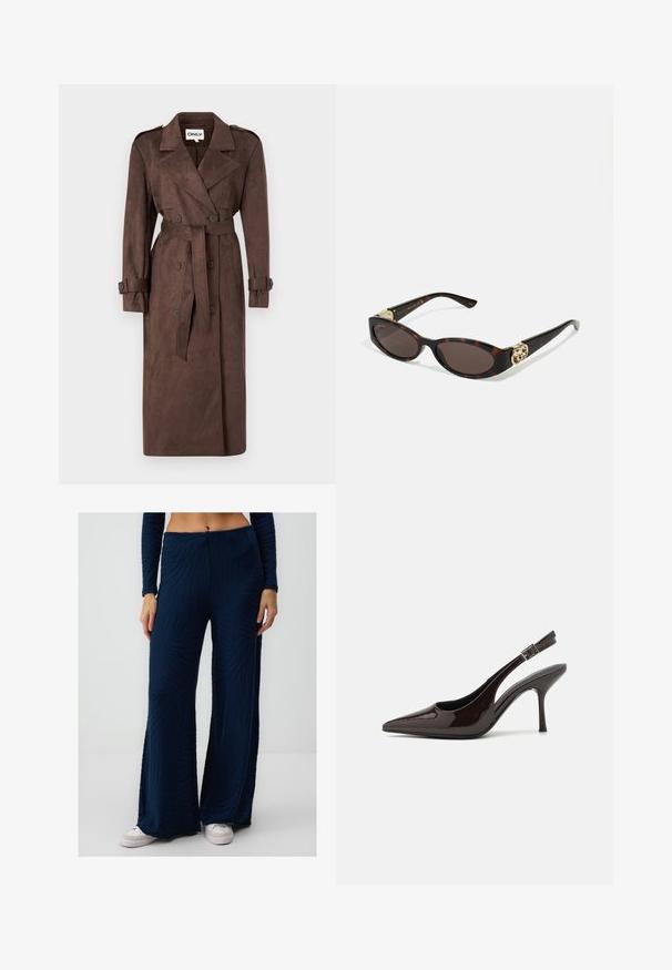 ONLY ONLINA LONG - Trenchcoat - chocolate brown; Zwarte langemouwshirt van een katoenmix, met een ronde halslijn en een slim fit ontwerp zonder zichtbare patronen of grafische elementen.; Navyblauwe flared broek van textuurstof met een zebra-streep patroon; hoge taille; gedragen met witte sneakers.; Slingback hoge hak schoen in glanzend donkerbruin patentleer, puntige neus, open zijkanten en verstelbare enkelband.; Schildpadbril met langwerpige ovale lenzen, bruine tint, gouden logo-accenten op de pootjes en slanke zwarte armen.; Bordeaux handtas met een gebogen silhouet en een korte schouderriem, voorzien van een gouden rits en een subtiele Calvin Klein-logo aan de voorkant.