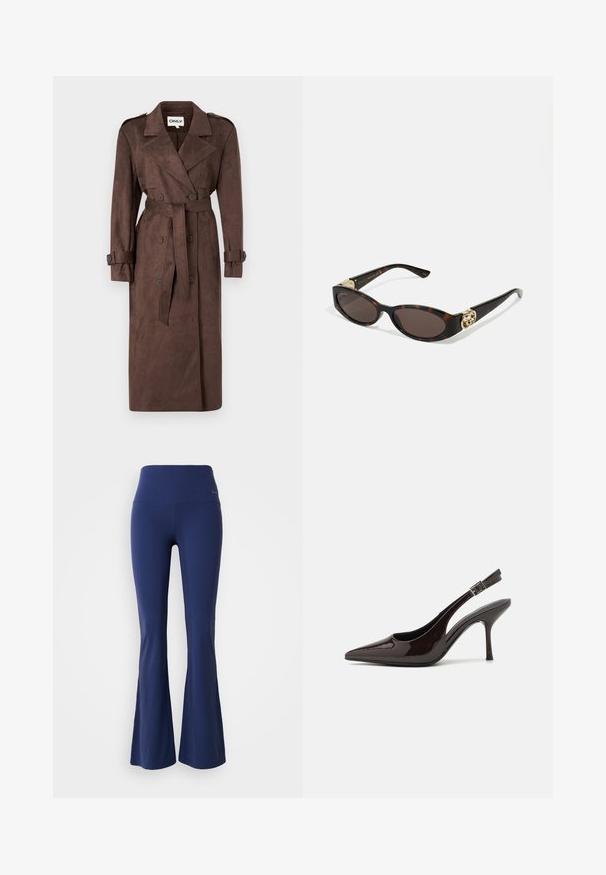 ONLY ONLINA brązowy; Czarna koszula z długim rękawem wykonana z dzianiny bawełnianej, z okrągłym dekoltem i dopasowanym krojem, bez widocznych wzorów ani grafik.; Granatowe legginsy dzwonowe z wysokim stanem, wykonane z elastycznej tkaniny, mające gładką fakturę i subtelny akcent logo na pasku.; Sandały na obcasie typu slingback z błyszczącej ciemno-brązowej lakierowanej skóry, w szpic, z otwartymi bokami i regulowanym paskiem wokół kostki.; Słoneczne okulary w kolorze żółwi z wydłużonymi owalnymi soczewkami, brązowym odcieniem, złotymi akcentami logo na zausznikach oraz smukłymi czarnymi ramionami.; Bordowa torebka o zaokrąglonym kształcie z krótkim paskiem, z złotym zamkiem błyskawicznym i subtelnym logo Calvin Klein z przodu.