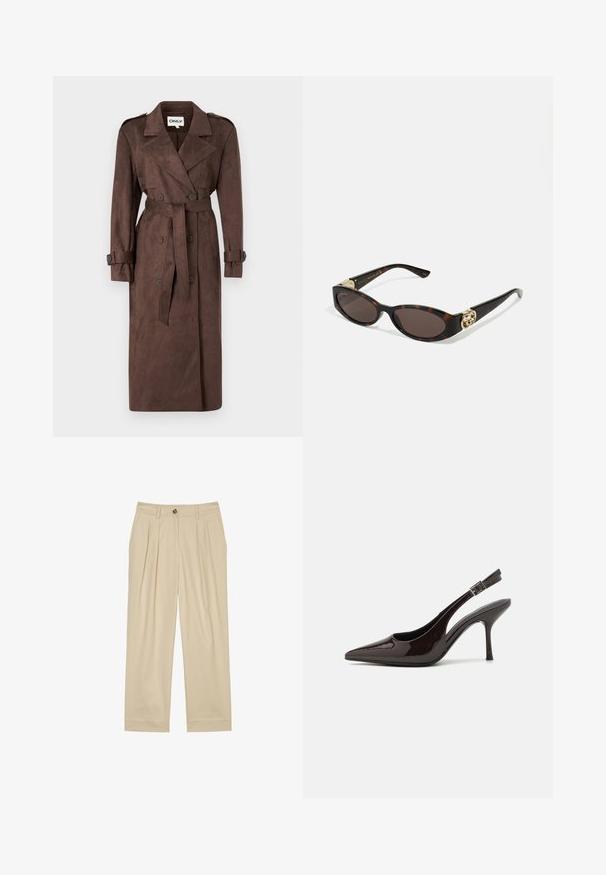 ONLY ONLINA LONG - Trenčkot - chocolate brown; Črna majica z dolgimi rokavi iz mešanice bombaža, ki ima okroglo izrez in prilegajoč dizajn brez vidnih vzorcev ali grafik.; Marc O'Polo BALLOON LEG PLEATED INSPIRED DETAILS - Hlače - jonesboro cream; Slingback visoke pete v sijajni temno rjavi lak koži, koničastim nosom, odprtimi stranmi in nastavljivim gležnjenčkim trakom.; Kornjačaste sunčane naočale s izduženim ovalnim lećama, smeškim tonovima, zlatnim logotipom na drškama i elegantnim crnim rukohvatima.; Bordo torbica s ukrivljenim siluetom i kratkim remenom, s zlatnim rajsferšlusom i suptilnim Calvin Klein logotipom na prednji strani.