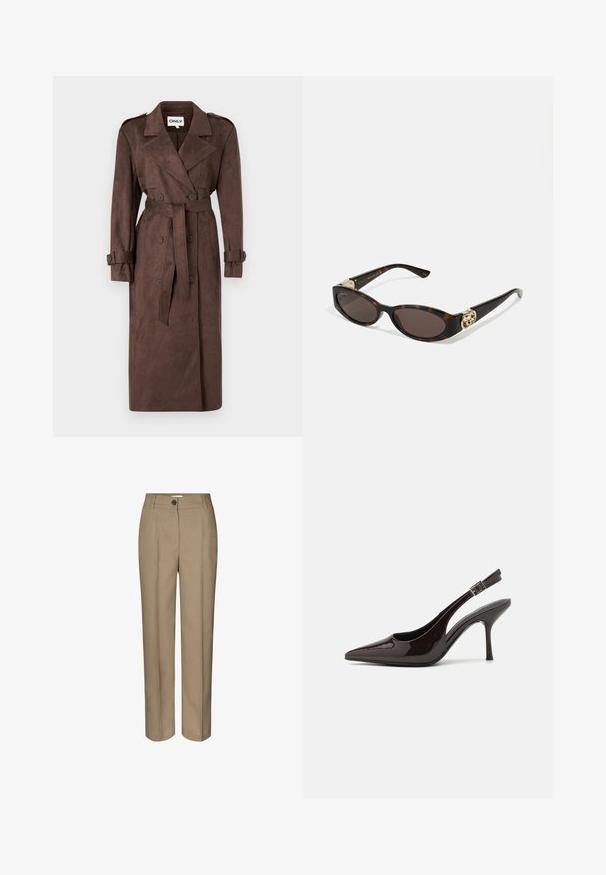ONLY ONLINA LONG - Trenchcoat - chocolate brown; Schwarzes Langarmshirt aus Baumwollmischgewebe, mit Rundhalsausschnitt und tailliertem Schnitt, ohne sichtbare Muster oder Grafiken.; Beige maßgeschneiderte Hosen mit geradem Bein, ausgestattet mit einem Knopfverschluss und einer klaren Vorderfalte. Hergestellt aus einem glatten Stoff.; Slingback-Pumps aus glänzendem dunklen braunen Lackleder, mit spitzer Zehenpartie, offenen Seiten und verstellbarem Knöchelriemen.; Schildpatt-Sonnenbrille mit länglich-ovalen Gläsern, braunem Farbton, goldenen Logo-Akzenten an den Bügeln und schlanken schwarzen Bügeln.; Bordeauxfarbene Handtasche mit einer geschwungenen Silhouette und einem kurzen Trageriemen, ausgestattet mit einem goldenen Reißverschluss und einem dezenten Calvin Klein-Logo auf der Vorderseite.