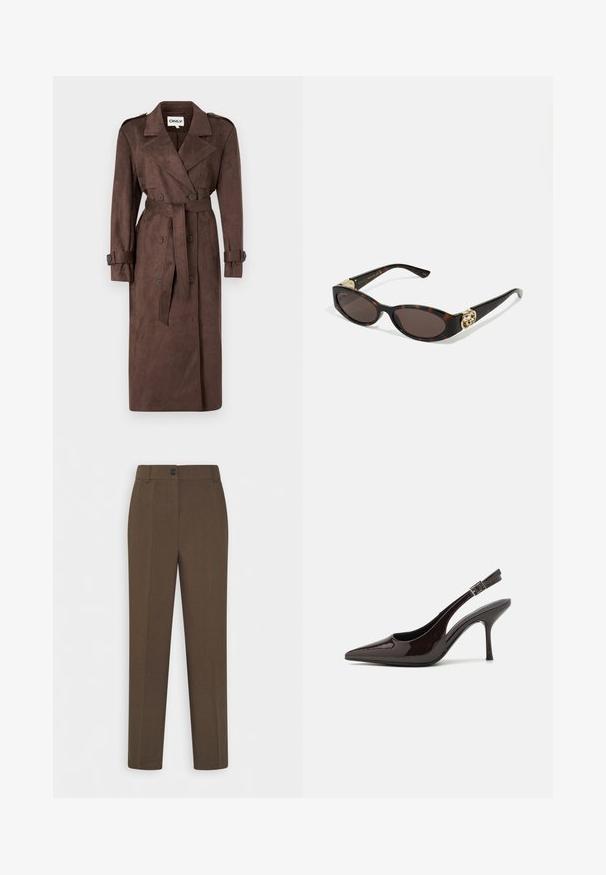 ONLY ONLINA LONG - Trenchcoat - chocolate brown; Sort langærmet skjorte lavet af en bomuldsblandingsstof, med rund halsudskæring og tætsiddende design uden synlige mønstre eller grafik.; Lige ben brune bukser med bæltestropper og en enkelt knaplukning foran, vist på en hvid baggrund.; Slingback højhælet sko i glat mørkebrun patenteret læder, spids tå, åbne sider og justerbar ankelrem.; Skildpaddemønster solbriller med aflange ovale linser, brun farve, guldlogo accenter på stængerne og slanke sorte arme.; Bordeaux skuldertaske med en buet silhuet og en kort rem, med en guld lynlås og et diskret Calvin Klein logo på forsiden.