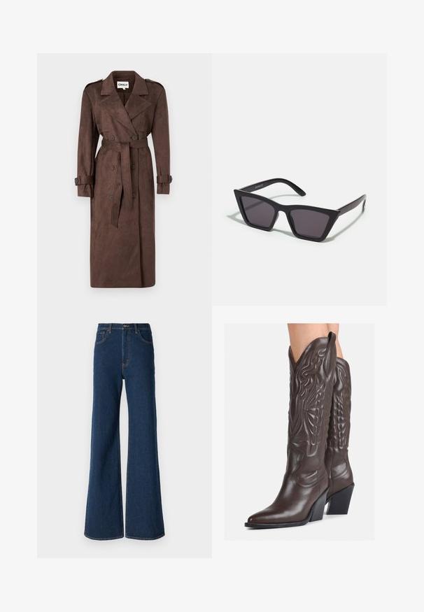 ONLY ONLINA LONG - Lietpaltis - chocolate brown; Baltas be rankovių marškinėlis, pagamintas iš išklotinės medžiagos, su apvaliu iškirpimu ir prigludusia siluetu, minimaliais siūlais ir be dekoracijų.; Abercrombie & Fitch Laisvo kirpimo džinsai - rinse; Rudos odinės kaubojaus batai su smailiu priekiu ir blokuotu kulnu, pasižymintys detaliu siuvinėjimu ir iškiliais akcentais ant ašies.; Juodos, kampuotos saulės akinios su pilkais stiklais; pagaminti iš plastiko, su storomis šakėmis, turinčiomis lygų paviršių ir be matomų detalių.; Juodas hobo krepšys, pagamintas iš lygaus odos panašaus materiaus, su susuktos rankenos, turintis minkštą, apvalią formą ir viršutinį užtrauktuką.; Aukso auskarai su lygiu, blizgiu paviršiumi. Apvalus dizainas su maža užrakto dalimi ir skaidria atrama saugiam nešiojimui.