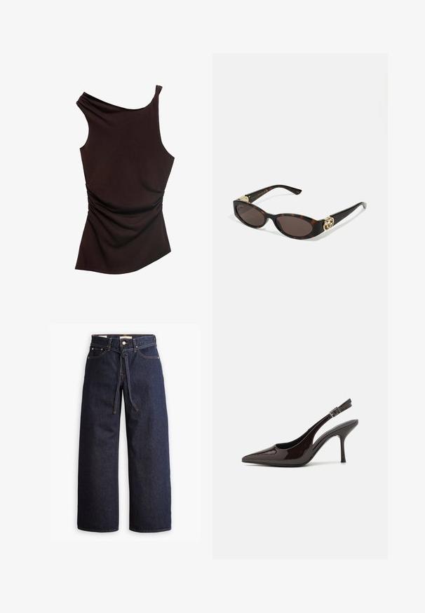 ONLY ONLINA LONG - Trench - chocolate brown; Top marrone asimmetrico con design a spalla unica, texture arricciata su un lato e finitura liscia su tutta la superficie. Tessuto morbido e elasticizzato.; Jeans in denim scuro a gamba larga con vita alta, dotati di un laccio, cinque tasche e dettagli di cucitura a contrasto.; Scarpa con tacco alto tipo slingback in pelle verniciata marrone scuro lucido, punta affusolata, lati aperti e cinturino alla caviglia regolabile.; Occhiali da sole tartarugati con lenti ovali allungate, tonalità marrone, accenti dorati con logo sulle tempie e aste nere eleganti.; Borsa bordeaux con silhouette curva e manico corto, dotata di una zip dorata e di un logo Calvin Klein discreto sul davanti.