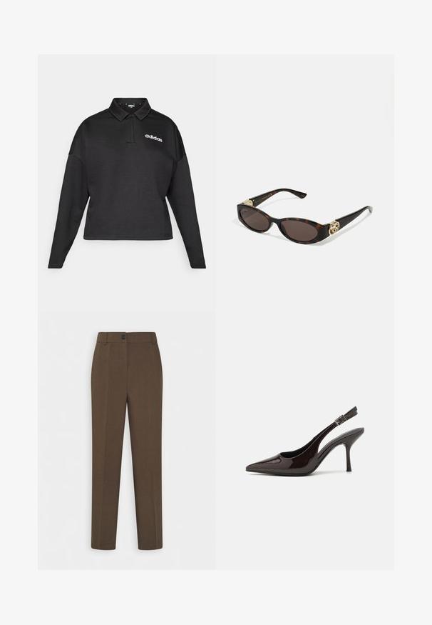 ONLY ONLINA LONG - Trenchcoat - chocolate brown; Svart langermet polo skjorte laget av mykt stoff, med klassisk krage, avslappet passform, og hvit Adidas-logo på venstre bryst.; Rette brune bukser med beltehemper og en enkelt frontknapp, vist på en hvit bakgrunn.; Slingback høyhælte sko i blankt mørkebrunt patentlær, spiss tå, åpne sider og justerbar ankelrem.; Skilpadde-solbriller med avlange ovale linser, brun tint, gull-logo aksenter på stengene og elegante svarte armer.; Gullfarget sekvenseikkkvott med trekksnor og en rund håndtak, som har skinnende runde sekvenser og et teksturert stoff. Dimensjoner er ikke oppgitt.