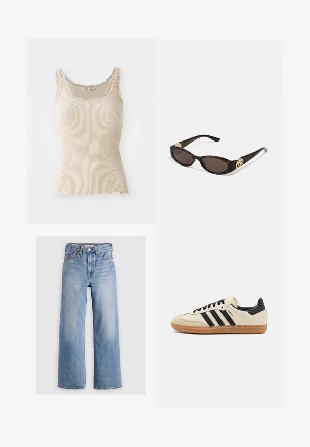 ONLY ONLINA brązowy; Beżowy top na ramiączkach z prążkowanej tkaniny, z koronkowym wykończeniem przy dekolcie i ramiączkach. Zaszyta falbana u dołu, wykonany z miękkiego materiału dla wygody.; Jasnoniebieskie dżinsowe spodnie o szerokich nogawkach z wysokim stanem, wyblakłe miejsca, pięć kieszeni oraz kontrastowe przeszycia. Klasyczne zapięcie na guzik i zamek błyskawiczny.; Beżowe buty sportowe z czarnymi paskami, gumową podeszwą i czarnymi akcentami. Posiadają górną część z gładkiej skóry oraz okrągły kształt noska.; Słoneczne okulary w kolorze żółwi z wydłużonymi owalnymi soczewkami, brązowym odcieniem, złotymi akcentami logo na zausznikach oraz smukłymi czarnymi ramionami.; Bordowa torebka o zaokrąglonym kształcie z krótkim paskiem, z złotym zamkiem błyskawicznym i subtelnym logo Calvin Klein z przodu.