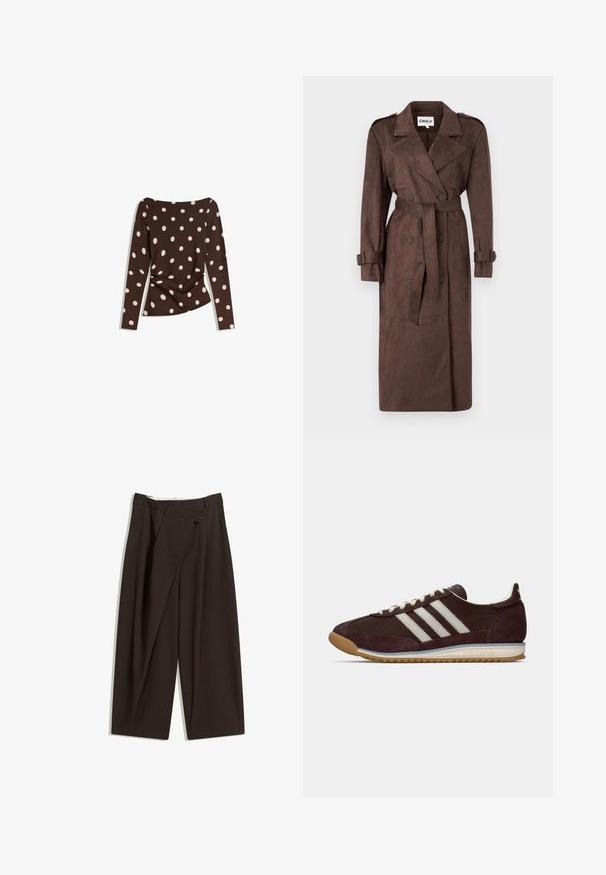 ONLY ONLINA LONG - Trenssi - chocolate brown; Ruskea pitkähihainen toppi, jossa on avara kaula-aukko, isoja valkoisia pisteitä ja kerätty yksityiskohta vyötäröllä, mikä luo istuvan ilmeen.; Tummanruskeat leveälahkeiset housut, joissa on korkea vyötärö, yhden napin sulkea ja pleatattu etuosa. Valmistettu kevyestä kankaasta.; Matalannan tumman punertava Adidas-lenkkari, jossa on valkoiset raidat, kermansävyiset nauhat ja kumipohja, sivunäkymä yksinkertaisella taustalla.