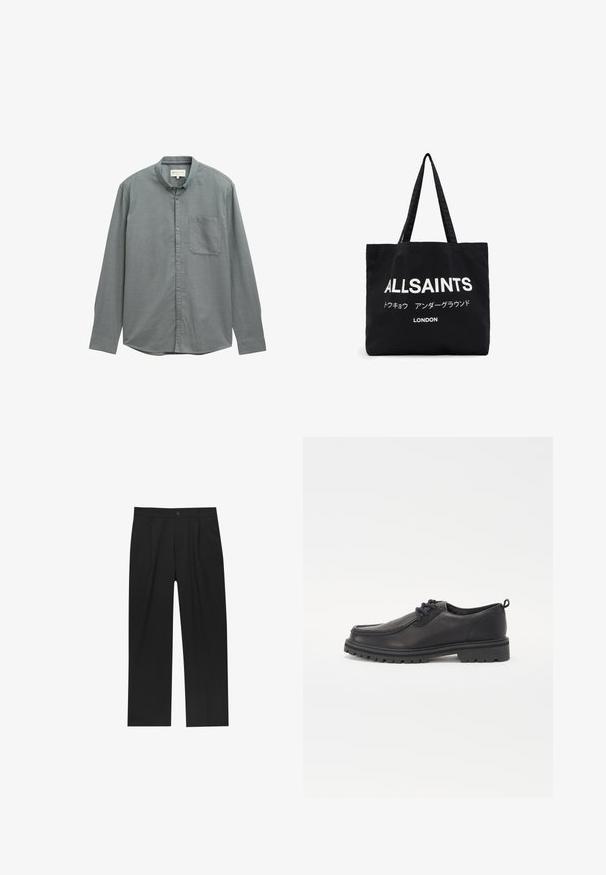 Čierny kabát z vlnenej zmesi s upraveným dizajnom; obsahuje zapínanie na jedno tlačidlo, reverzné klopy a bočné vrecká. Hladká textúra.; Svetlo sivá košeľa na gombíky s rozšíreným golierom, dlhými rukávmi a jednou náprsní vreckom. Vyrobená z mäkkého, textúrovaného materiálu.; Sada ôsmich čiernych bavlnených tričiek s krátkymi rukávmi a okrúhlym výstrihom, s jednoduchým dizajnom a jemnou textúrou.; Čierne nohavice s rovnými nohavicami, vyrobené z hladkej tkaniny. Majú predné puky a jediné gombíkové zapínanie v páse.; Čierne kožené topánky s okrúhlym špicom, textúrovaným prešívaním, nízkym profilom a gumovou podrážkou s hlbokými drážkami pre lepšiu trakciu.; Čierna plátenná taška s odvážnym bielym textom "ALLSAINTS" a menším textom v japončine a "LONDON" na spodnej strane. Dve dlhé rúčky.