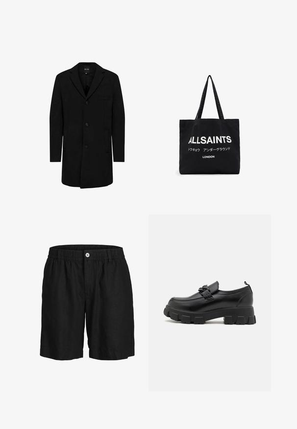 Schwarzer Mantel aus einem Wollmischgewebe mit einem taillierten Design; verfügt über einen Ein-Knopf-Verschluss, Reverskragen und Seitentaschen. Glatte Textur.; Set aus acht schwarzen Baumwoll-T-Shirts mit kurzen Ärmeln und Rundhalsausschnitten, die ein schlichtes Design und eine weiche Textur aufweisen.; Jack & Jones Shorts - black onyx; Schwarzer Lederschuh mit einer klobigen, strukturierten Sohle und einem dekorativen Riemen über dem Obermaterial. Verfügt über einen leichten Absatz und eine Zuglasche hinten.; Schwarze Tragetasche aus Canvas mit fettem weißen Text "ALLSAINTS" und kleineren Schriftzeichen in Japanisch sowie "LONDON" am unteren Rand. Zwei lange Tragegriffe.