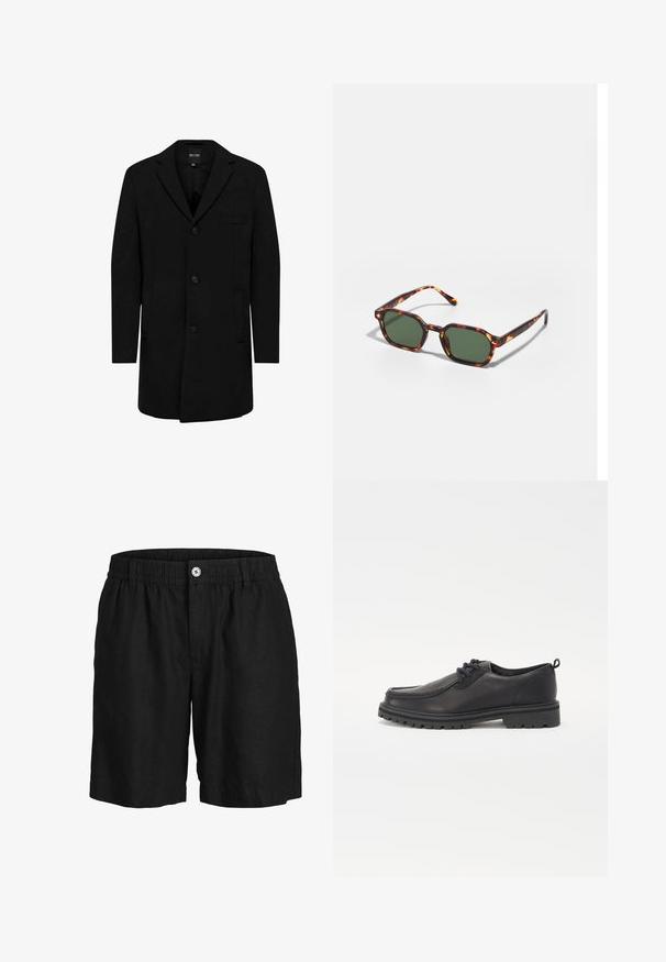 Černý kabát vyrobený z vlněné směsi s přizpůsobeným střihem; má zapínání na jeden knoflík, klopové límce a boční kapsy. Hladká textura.; Sada osmi černých bavlněných triček s krátkým rukávem a kulatým výstřihem, s jednoduchým designem a jemnou texturou.; Jack & Jones Šortky - black onyx; Černé kožené boty se zaoblenou špičkou, texturovaným švem, nízkým profilem a gumovou podrážkou s hlubokými drážkami pro lepší přilnavost.; Kočičí brýle v barvě želvoviny se zelenými skly, s osmiúhelníkovým tvarem a úzkými, zakřivenými stranami. Materiál má lesklý povrch.; Černá plátěná taška s jasným bílým nápisem "ALLSAINTS" a menším textem v japonštině a "LONDON" na spodní části. Dva dlouhé popruhy.
