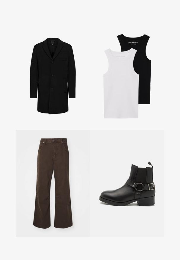 Casaco preto feito de mistura de lã com um design ajustado; apresenta um fecho de botão único, lapelas recortadas e bolsos laterais. Textura suave.; Duas camisetas justas na cor preta e branca. Feitas de algodão canelado, apresentam alças largas e decotes arredondados. Logotipo na gola.; Calças largas castanhas feitas de algodão, com uma cintura alta, bolsos frontais e uma textura suave. O acabamento inclui detalhes de costura subtil.; Steve Madden ANTONN - Bota de tornozelo estilo cowboy/motociclista - black