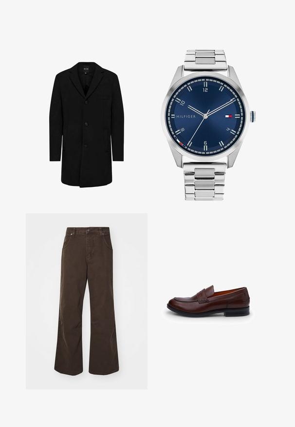 Mustast villasegust koorist valmistatud mantel, millel on kohandatud disain; sisaldab ühte nuppu, lõikega krae ja küljetaskud. Sile tekstuur.; Kaks sobivat tanktoppi mustas ja valges. Valmistatud ribades puuvillast, neil on laiad rihmad ja ümarad kaelused. Bränding krael.; Pruuni laiad püksid, mis on valmistatud puuvillast, kõrge veejoone, ees olevate taskute ja sileda tekstuuriga. Viimistlus sisaldab peeneid õmblusdetailide.; Pruun nahast loafer sujuva pinnaga, ümar nina, kontrastõmblused ja madal konts. Lisatud on dekoratiivne rihm üle vampi.; Hõbedane metallkell harjatud sinise sfääri, valgete tunnimarkerite ja kuupäeva kuvamisega. Omab kinnitatud metallist rihma ja kaubamärgi logo.