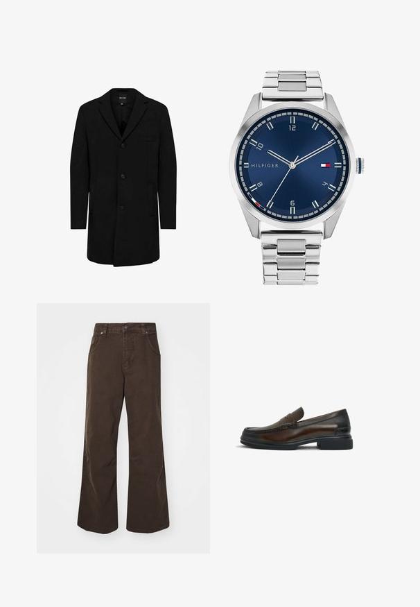 Svart frakk laget av en ullblanding med skreddersydd design; har en enkelt knapp lukking, notched krager og sidelommer. Glatt tekstur.; To passformerede tanktopper i sort og hvid. Lavet af ribbet bomuld, de har brede stropper og afrundede halsudskæringer. Branding på kraven.; Brune vidde bukser laget av bomull, med høy midje, frontlommer og en glatt tekstur. Avslutningen inkluderer subtile sømdetaljer.; Brune lærloafers med en rund tå, sydd detaljer på overdelen, en glat overflade, og en kontrastfarvet sort gummisål.; Sølv metallklokke med en børstet blå urskive, hvite timemarkører og datovisning. Har en koblet metallarmbånd og merkevarelogo.