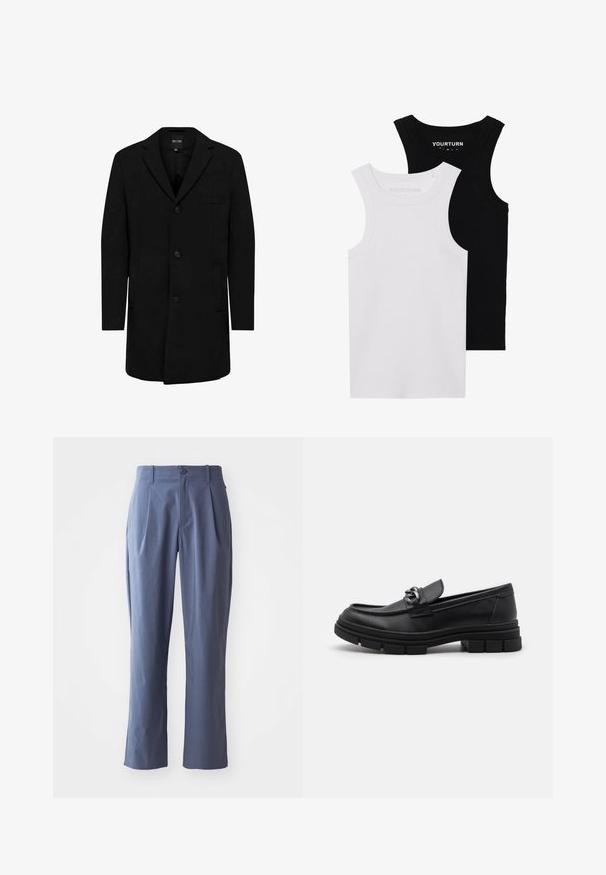 Fekete gyapjú keverékből készült kabát, testreszabott kialakítással; egygombos záródással, fülke gallérral és oldalsó zsebekkel rendelkezik. Simább textúra.; Két testhez simuló trikó fekete és fehér színben. Bordázott pamutból készült, széles pántokkal és kerek kivágással rendelkezik. A galléron logó található.; Tengerészkék nadrág, pliszézett, egyenes szabású, könnyű anyagból készült, egy elülső gombos záródással és övlyukakkal.; Fekete bőr mokaszín, lekerekített orral, díszes pánttal és fém kiegészítővel, valamint vastag, texturált talppal. Simább felület, finom részletezéssel.