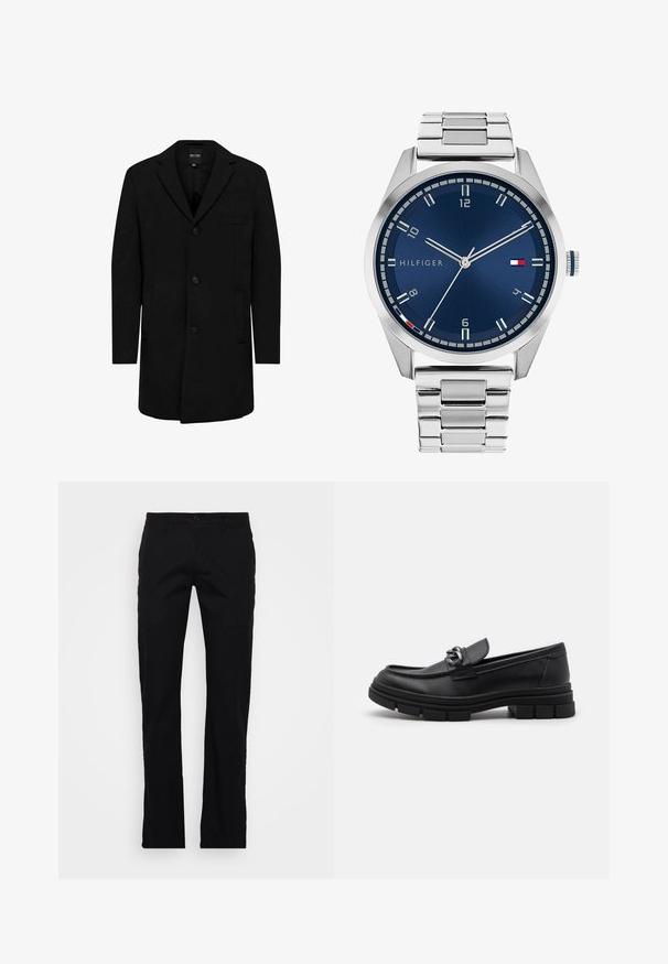 Črn plašč iz mešanice volne s krojenjem po meri; ima zapiranje na en gumb, izrezane reverje in stranske žepe. Gladka tekstura.; Dva prilegača topa v črni in beli barvi. Narejena iz rebrastega bombaža, imata široke naramnice in zaobljene izreze. Oznaka na ovratniku.; Črne hlače ravnega kroja iz bombažnega blaga, z gumbom za zapiranje, pasnimi zankami in preprostim dizajnom brez dodatnih vzorcev ali kovinskih delov.; Črni usnjeni loaferji z zaobljenim nosom, dekorativnim trakom in dodatki ter debelim teksturiranim podplatom. Gladek zaključek s subtilnimi detajli.; Srebrna kovinska ura z brušenim modrim številcem, belimi številčnicami in prikazom datuma. Ima povezano kovinsko zapestnico in logotip blagovne znamke.