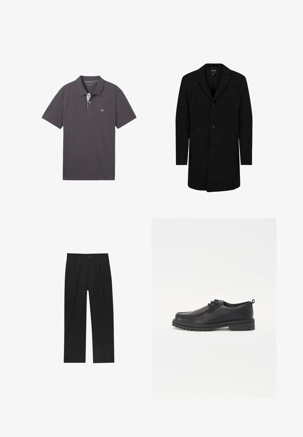 Musta villasekoitteesta valmistettu takki, jossa on räätälöity muotoilu; siinä on yksinäinen nappisuljenta, viistetyt läpät ja sivutaskut. Sileä pinta.; TOM TAILOR BASIC WITH CONTRAST - Pikeepaita - dark shadow; Mustat housut suoranlahkeisella muotoilulla, valmistettu sileästä kankaasta. Ominaisuuksiin kuuluu etupleateet ja yksi nappikiinnitys vyötäröllä.; Mustat nahkakengät, joissa on pyöristetyt varpaat, teksturoitu tikkaus, matala profiili ja kumipohja, jossa on syvät urat pitoa varten.