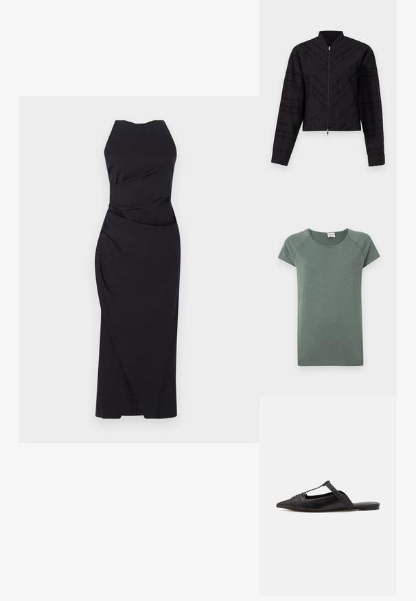 Jachetă cropped neagră cu un model texturat subtil, guler înalt și fermoar frontal cu un detaliu auriu.; Tricou cu mâneci scurte și guler rotund, de culoare verde închis. Fabricat dintr-un material moale și ușor, cu o textură subtilă și o croială lejeră. Design simplu.; Marella ELEGIA - Rochie cocktail/Rochie petrecere - nero; Pantofii din piele neagră cu curea la spate au vârful ascuțit, prezentând un accent țesut și un design superior pliat. Talpa joasă cu hardware minim.