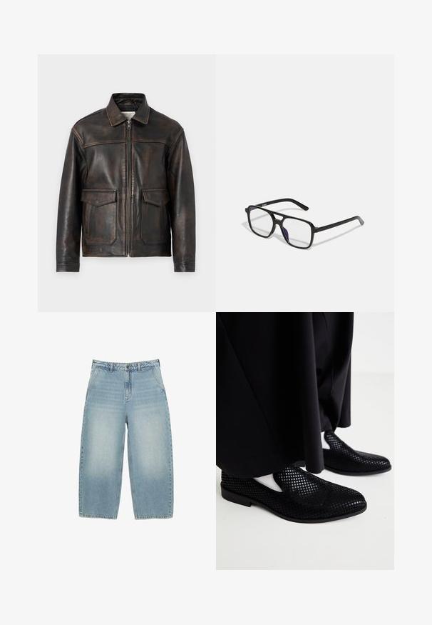 Jack & Jones PREMIUM JPRCCWALLACE - Læderjakker - brown stone; Grå hættetrøje lavet af blødt stof. Har en kængurulomme, ribbede manchetter og et diskret logo på brystet. Simpelt design.; Lyseblå denim bred-benede jeans med høj talje, enkel design, subtil falming og lige snit. Har frontknaplukning og bæltestropper.; Sorte perforerede slip-on sko med flad sål og en glat tekstur. Minimalistisk design med udskæringer på siden. Parret med sorte bukser.; Sorte rektangulære briller med klare linser og en subtil lilla nuance, der har slanke arme og et minimalistisk design.