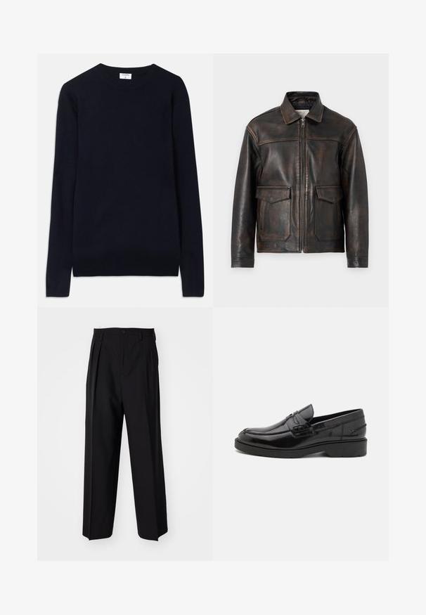 Jack & Jones PREMIUM JPRCCWALLACE - Ādas jaka - brown stone; Tumši zila džemperis ar apaļu kaklu, izgatavots no mīksta materiāla, ar garām piedurknēm un ribota apdare ap kaklu un apakšu. Vienkāršs, minimālisma dizains.; Melnas plisētās bikses ar taisnu, plata kāja dizainu. Izgatavotas no gludas auduma, ar pogu aizdari un jostas cilpiņām.; Melnas ādas loafers ar gludu apdari, noapaļotu purngalu, zemu papēdi un dekoratīvo izšuvumu gar priekšējo daļu. Gumijas outsole labai saķerei.