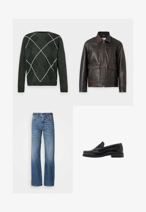 Jack & Jones PREMIUM JPRCCWALLACE - Læderjakker - brown stone; Mørkegrå sweater med et struktureret argyle-mønster i sort og hvid. Har en rund hals og ribbede manchetter. Blødt stof, lange ærmer.; Blå denim jeans med lige ben, høj talje og let fading. Indeholder en knap- og lynlåslukning samt klassisk fem-lomme design.; Sorte læder loafers med en glat finish, syede detaljer på tåen og et lavt hældesign for komfort og stil.