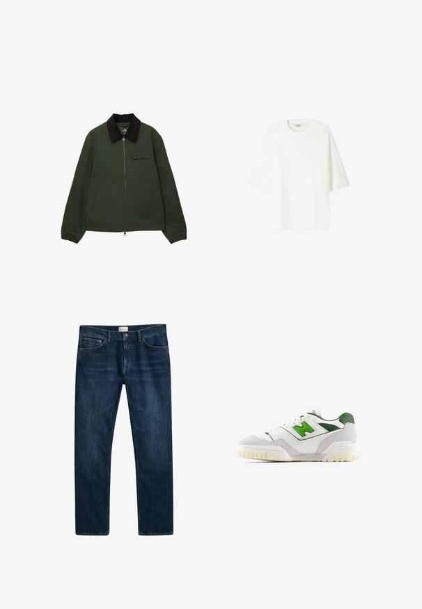 Grüne Jacke mit einem schwarzen Cordkragen, vorne mit Reißverschluss und zwei Seitentaschen sowie elastischen Bündchen, entworfen für eine lässige Passform.; Weißes T-Shirt mit kurzen Ärmeln aus Baumwolle, mit Rundhalsausschnitt und lockerem Schnitt sowie geradem Saum.; Dunkelblaue Denim-Jeans mit geradem Beinfit, Knopf- und Reißverschluss, sowie Fronttaschen. Glatte Textur und minimale Verblassung.; Weiße Sneaker mit grünen Akzenten, aus Leder und Wildleder gefertigt. Verfügt über eine strukturierte Oberseite, einen gepolsterten Kragen und eine Gummisohle mit sichtbarem Profil.
