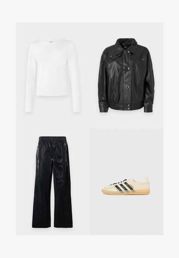 Črna usnjena jakna z ovratnikom s ploščico, zapenjanjem na sponke, elastičnim pasom in gladko teksturo. Ima sproščen kroj, primeren za plastenje.; Majica z dolgimi rokavi in okroglim ovratnikom iz enobarvnega belega materiala. Ima prilegan kroj s gladko teksturo in diskretno logotip znamke na ovratniku.; Črne široke hlače iz sijočega materiala. Imajo elastičen pas in navpične šive za strukturo in oblikovanje. Gladka tekstura.; Svetlo kremne teniske z vzorcem črnih treh črt, teksturirano zgornji del, okroglo konico in gumijast podplat. Imajo vezalke in blagovno znamko na strani.