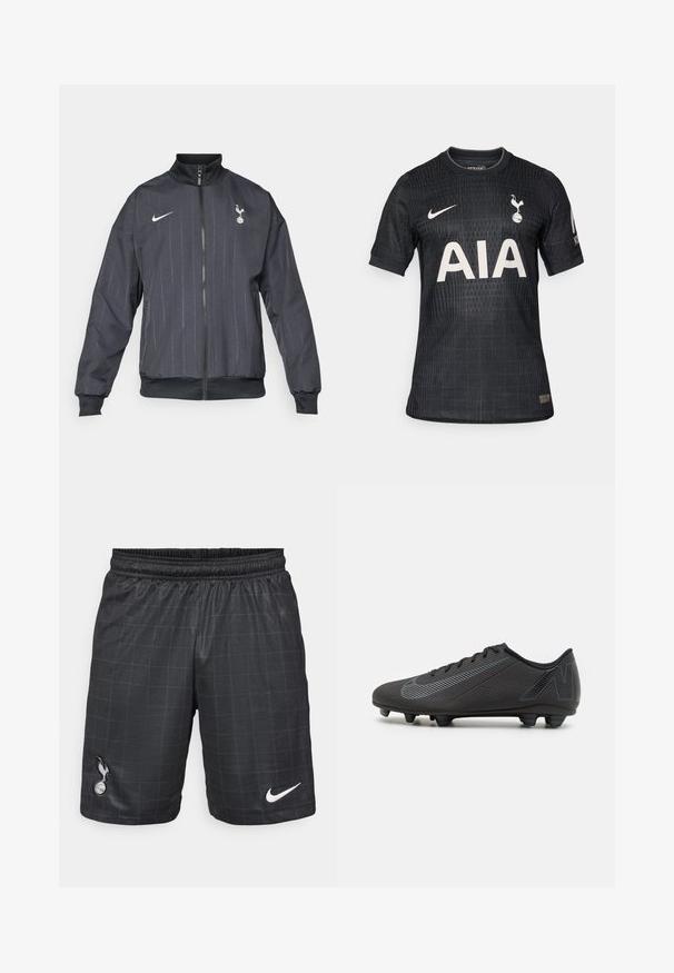 Nike svart treningsjakke med høy krage, front glidelås, teksturert mønster, hvite logo detaljer, samt elastiske mansjetter og kant.; Svart fotballdrakt laget av lett stoff, med et teksturert mønster, rund hals, korte ermer, og en hvit "AIA" logo på forsiden.; Sorte treningsshorts med rutemønster, elastisk midje, med Nikes hvite logo og et Spurs-emblem i svart på nederste venstre side.; Sorte fotballsko med teksturert overdel, med et strømlinjeformet design og lyseblå detaljer. Fem formede pigger på sålen for bedre grep.