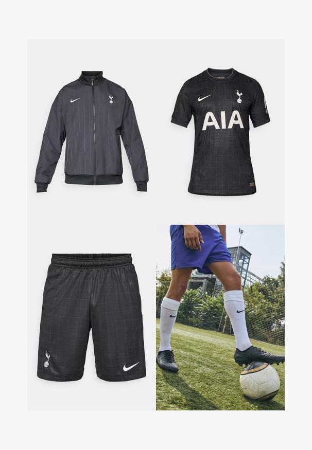 Nike črna športna jakna z visokim ovratnikom, sprednjim zadrgo, teksturiranim vzorcem, belimi logotipskimi akcenti ter elastičnimi manšetami in hemom.; Črni nogometni dres iz lahkega blaga, z teksturiranim vzorcem, okroglim izrezom, kratkimi rokavi in belim sprednjim logotipom "AIA".; Črne atletske kratke hlače z mrežnim vzorcem, z elastičnim pasom, vključujejo Nikeovo belo oznako in črn simbol Spurs na spodnjem levem delu.; Črne nogometne kopačke Nike počivajo na klasični beli žogi z črnimi poudarki, oblečene z modrimi kratkimi hlačami in belimi nogavicami do kolen na travi.