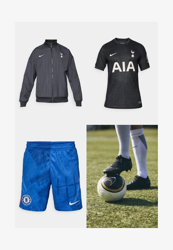 Nike musta musta juoksutakki korkealla kauluksella, etuvetoketjulla, teksturoituneella kuviolla, valkoisilla logoväritteillä sekä elastisilla hihansuilla ja helman osalla.; Mustapaitainen jalkapallopaita, joka on valmistettu kevyestä kankaasta. Paidassa on teksturoitu kuvio, pyöreä kaula-aukko ja lyhyet hihat, sekä valkoinen "AIA"-logo edessä.; Siniset jalkapalloshortsit kevyestä kankaasta. Sisältää geometrisen kuosin, joustavan vyötärön sekä Chelsea FC -logon vasemmassa lahkeessa.; Mustat jalkapallokengät valkoisella ja mustalla kuviollisella jalkapallolla, joka lepää vihreällä nurmella. Kengissä on teksturoitu pinta ja nauhat.