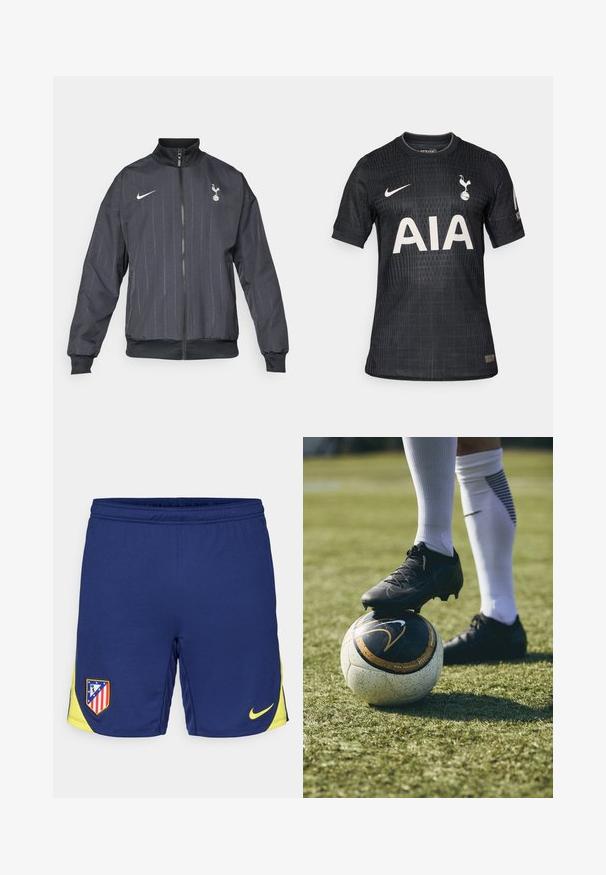 Chaqueta de pista negra de Nike con un cuello alto, cremallera frontal, patrón texturizado, acentos de logo en blanco y puños y dobladillo elásticos.; Camiseta de fútbol negra hecha de tejido ligero, con un patrón texturizado, cuello redondo, mangas cortas y un logo frontal blanco "AIA".; Pantalones cortos deportivos de color azul marino con acentos amarillos, que presentan un parche del logo del equipo y un pequeño swoosh de Nike. Fabricados con tejido transpirable.; Botín de fútbol negro sobre un balón de fútbol con patrón blanco y negro, reposando sobre césped verde. El botín presenta un material texturizado y cordones.