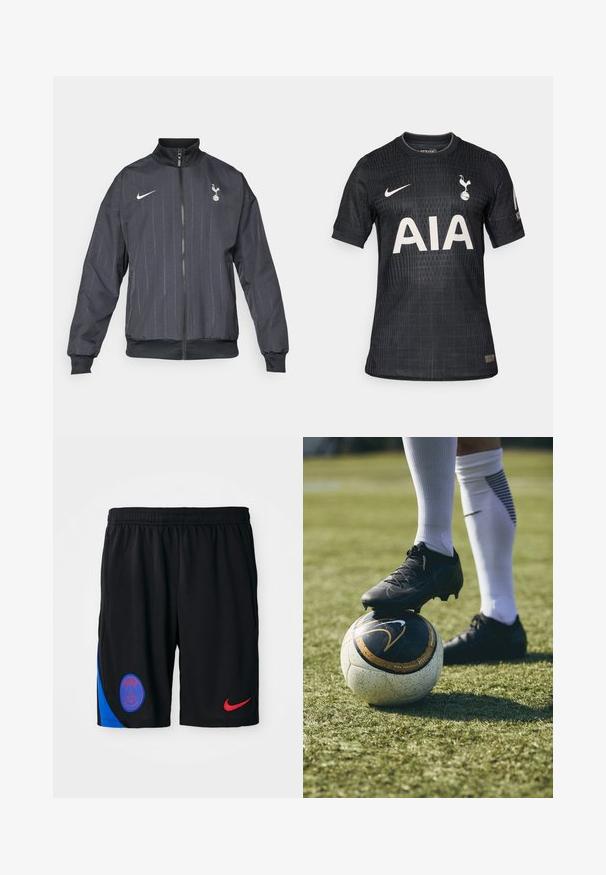 Fekete Nike sportdzseki magas gallérral, elülső cipzárral, textúrás mintával, fehér logós részletekkel, rugalmas mandzsettákkal és alsó résszel.; Fekete futball mez, könnyű anyagból készült, texturált mintával, kerek nyakkal, rövid ujjú, és fehér "AIA" logóval elöl.; Fekete atlétikai shorts könnyű anyagból, rugalmas derékkal. Kék oldalsó panel és piros Nike logó található rajta. Párizs emblémája is szerepel.; Fekete focicipő egy fehér és fekete mintázatú focilabdán, zöld fűre helyezve. A cipő texturált anyaggal és fűzős megoldással rendelkezik.