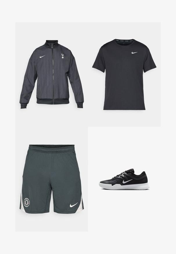 Nike musta musta juoksutakki korkealla kauluksella, etuvetoketjulla, teksturoituneella kuviolla, valkoisilla logoväritteillä sekä elastisilla hihansuilla ja helman osalla.; Musta Nike juoksupaita, joka on valmistettu kevyestä ja hengittävästä materiaalista. Paidassa on lyhyet hihnat ja pieni valkoinen logo rinnassa.; Tummanharmaat urheilushortsit, joissa on valkoinen Nike-logo oikeassa sääressä ja Chelsea Football Clubin tunnus vasemmassa sääressä, valkoisilla sivupaneeleilla varustettuna.; Musta urheilukenkä, jossa on teksturoitu päällinen, valkoinen Nike-tikkaus ja valkoinen kumipohja. Kenkässä on nauhakuji ja dynaaminen muoto.