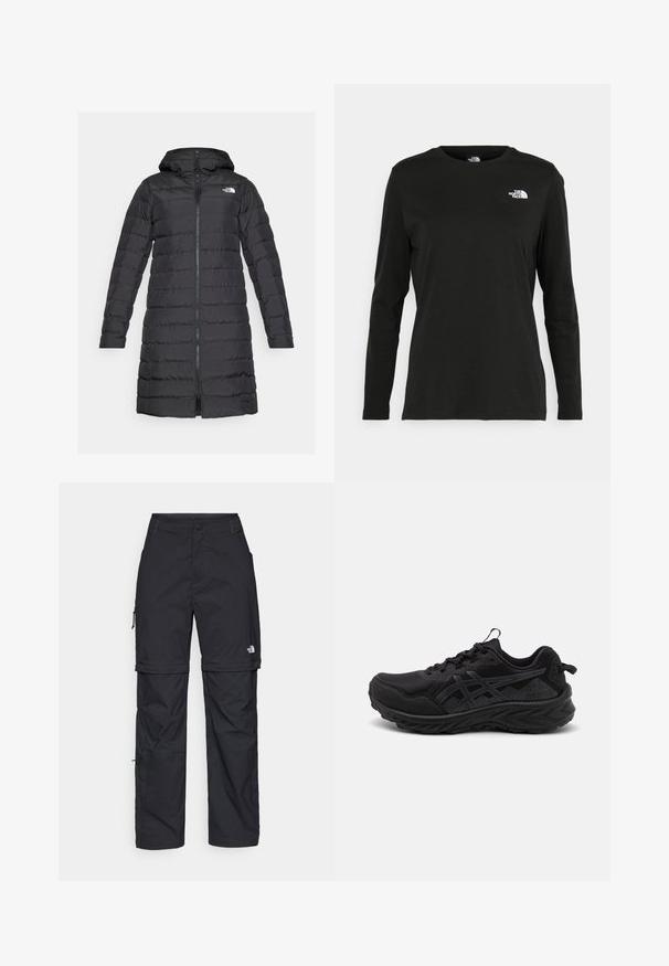 The North Face ACONCAGUA - Dunkappa / -rock - black; Svart långärmad t-shirt i bomull med rund hals. Har en liten vit logotyp på vänster bröstområde. Enkelt design och passform.; Svarta nylonbyxor med avtagbara ben, justerbara muddar, flera fickor och en logotyp på högra benet. Slät, lätt textur.; Svart atletisk sko med mesh och textil med struktur, med en stilren design, formad sula och tonala logodetaljer. Snörning.