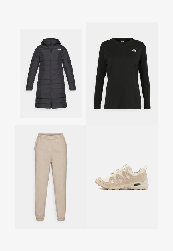 The North Face ACONCAGUA - Daunenmantel - black; Schwarzes Langarm-T-Shirt aus Baumwolle mit Rundhalsausschnitt. Verfügt über ein kleines weißes Logo auf der linken Brustseite. Einfaches Design und Passform.; Beige Jogginghosen aus weichem Baumwollmixstoff. Mit elastischem Bund und schmal zulaufenden Bündchen für eine lässige Passform.; Beige und cremefarbenen Sportschuh mit strukturiertem Mesh-Obermaterial, unterstützenden Überzügen und Gummisohle mit einem Profilmuster für Bodenhaftung.