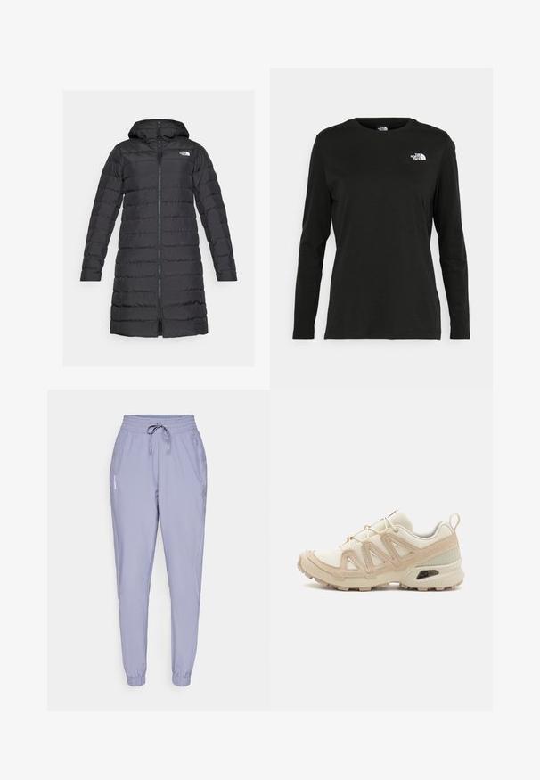 The North Face ACONCAGUA - Kabát z prachového peří - black; Černé tričko s dlouhým rukávem vyrobené z bavlny s kulatým výstřihem. Na levé části hrudi se nachází malé bílé logo. Jednoduchý design a střih.; Světle fialové sportovní tepláky vyrobené z hladké, lehké tkaniny. Mají elastický pás, šňůrku a boční kapsy.; Béžová a krémová sportovní obuv s texturovaným síťovaným svrškem, podpůrnými překryvy a gumovou podrážkou s dezénem pro lepší přilnavost.