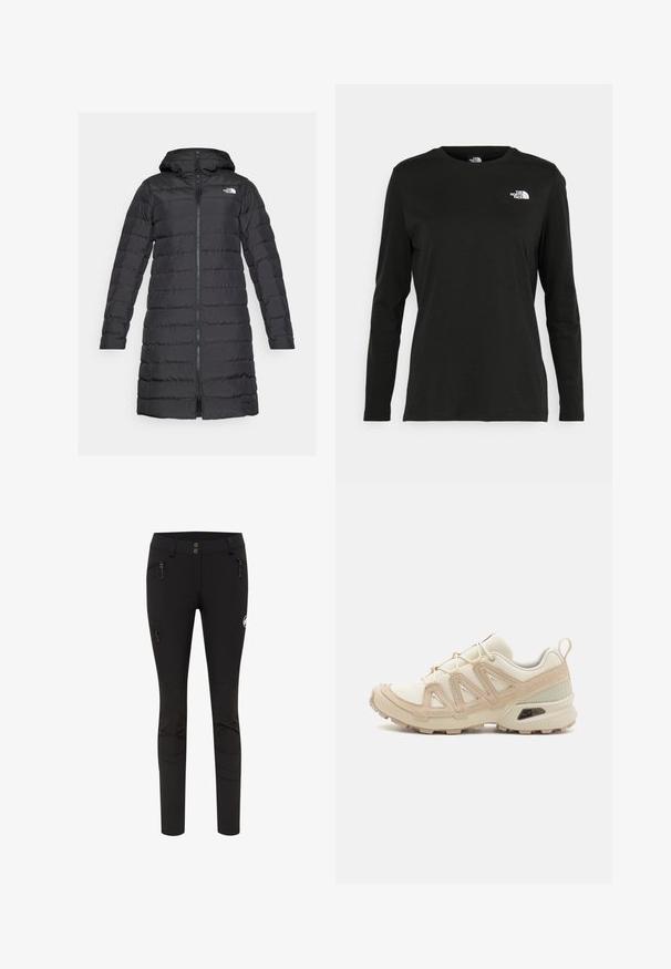 The North Face ACONCAGUA czarny; Czarna koszulka z długim rękawem z bawełny z okrągłym dekoltem. Posiada niewielkie białe logo po lewej stronie na piersi. Prosty design i fason.; Czarne legginsy o dopasowanym kroju, wyposażone w dwie boczne kieszenie z suwakiem oraz naszywkę z logo na udzie. Gładki materiał z szwami.; Beżowe i kremowe buty sportowe z teksturowanej siateczki, wspierającymi nakładkami oraz gumową podeszwą z wzorem bieżnika zapewniającym przyczepność.