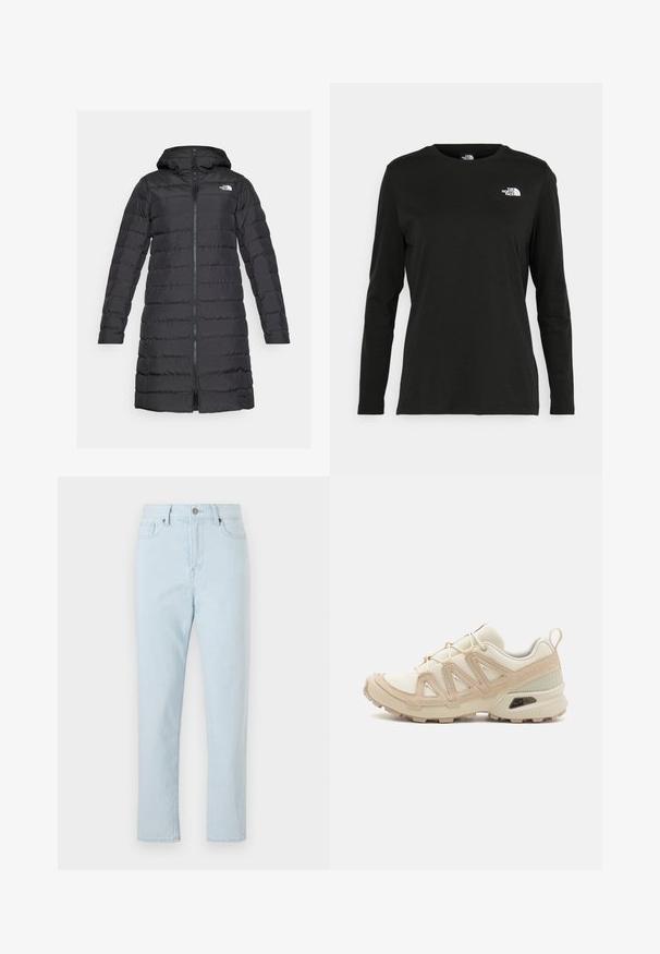 The North Face ACONCAGUA - Piumino lungo - black; T-shirt nera a maniche lunghe in cotone con colletto rotondo. Presenta un piccolo logo bianco sul lato sinistro del petto. Design semplice e vestibilità comoda.; Jeans a vita alta di colore blu chiaro, dritti, con tasche frontali, passanti per la cintura, chiusura con bottone e cuciture visibili lungo le gambe.; Scarpa atletica beige e crema con tomaia in mesh testurizzato, sovrapposizioni supportive e suola in gomma con un motivo a tasselli per la trazione.