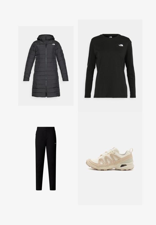 The North Face ACONCAGUA - Kabát z prachového peří - black; Černé tričko s dlouhým rukávem vyrobené z bavlny s kulatým výstřihem. Na levé části hrudi se nachází malé bílé logo. Jednoduchý design a střih.; The North Face W QUEST SOFTSHELL PANTS - Kalhoty - tnf black; Béžová a krémová sportovní obuv s texturovaným síťovaným svrškem, podpůrnými překryvy a gumovou podrážkou s dezénem pro lepší přilnavost.